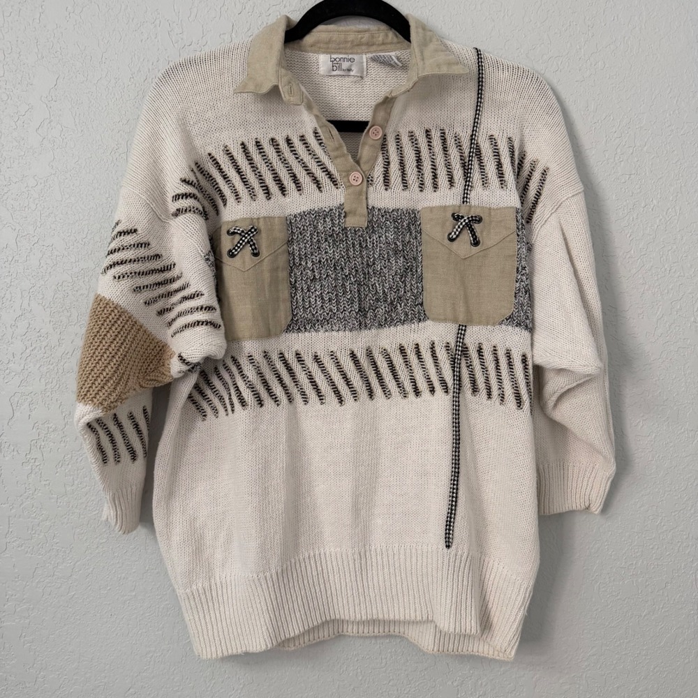 Vintage Bonnie and Bill by Holly Knit Sweater Mens Medium Ramie Cotton Cream 90s